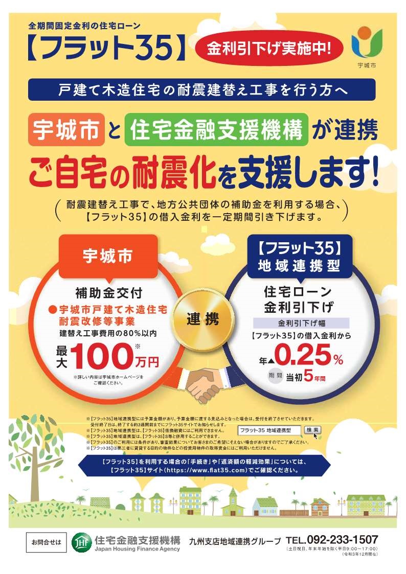 宇城市【フラット３５】地域連携型を連携している地方公共団体 ：長期固定金利住宅ローン 【フラット３５】